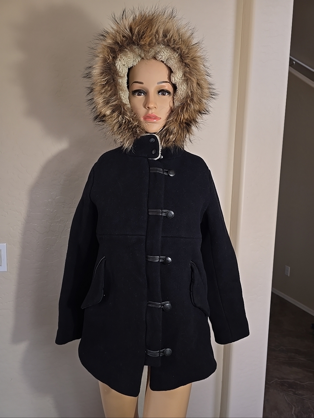 Sandro Paris Black Faux-Fur Hood Toggle Coat - Women's Jacket